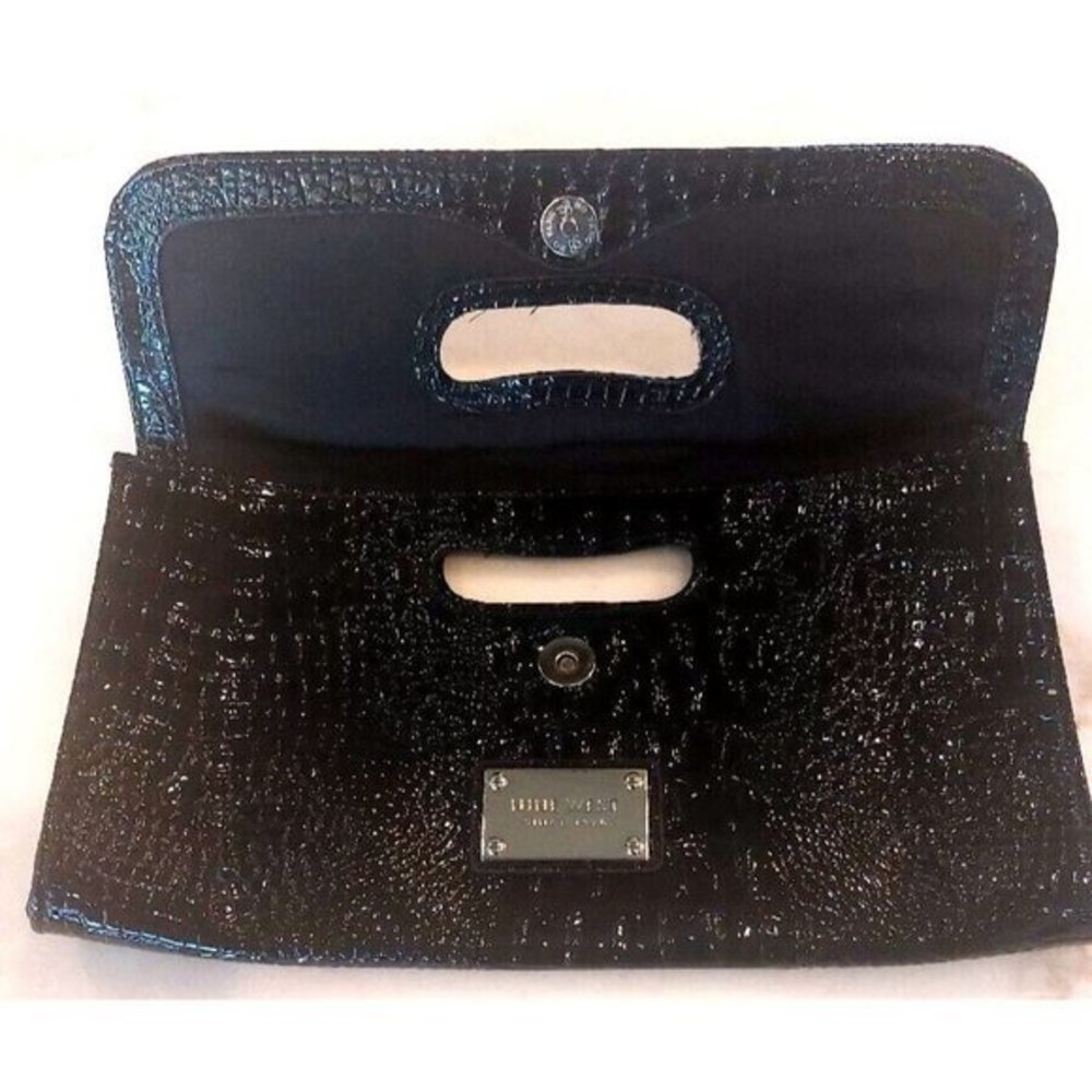 Nine West Black Patent Leather Envelope Style Clutch Black New 12" x 7" - Picture 3 of 9